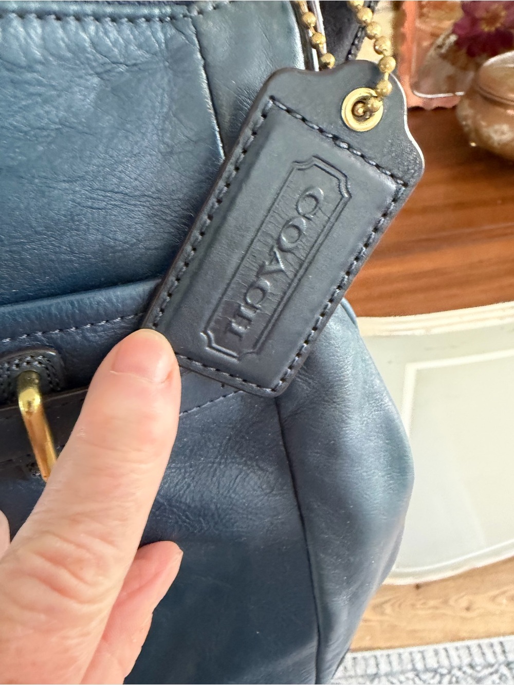 Coach Navy Leather Logo Patch with Light Blue Fabric - Picture 3 of 6